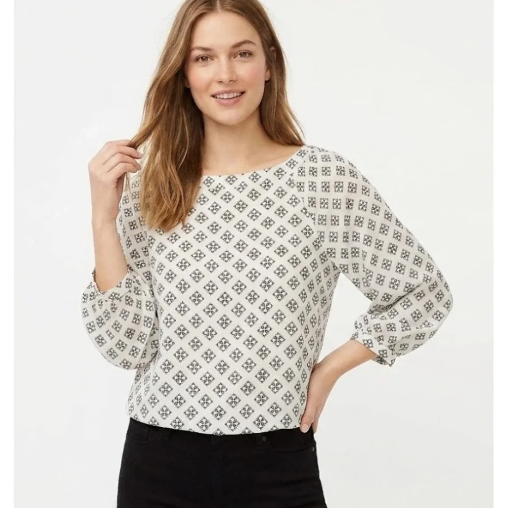 LOFT Black‎ White Square Neck 3/4 Puff Sleeve Feminine Preppy Blouse Large